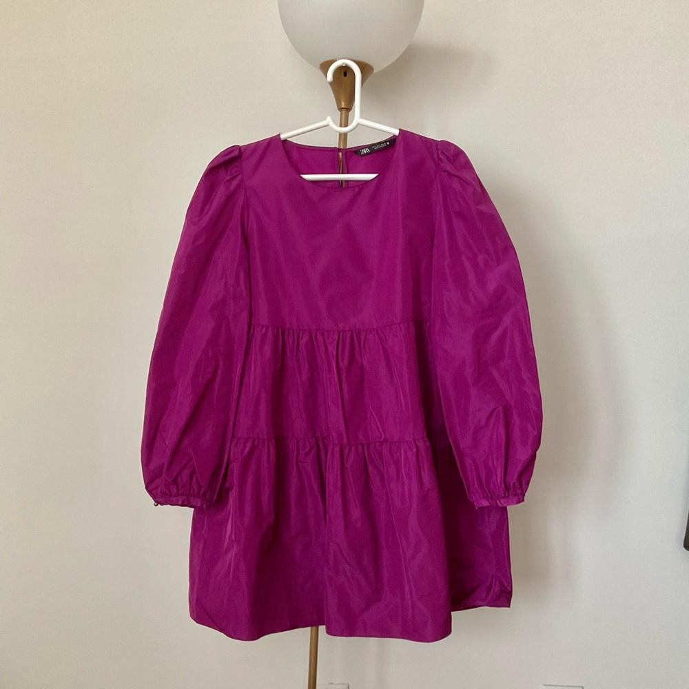 ZARA Taffeta puff-sleeve mini dress (Fuchsia💖)